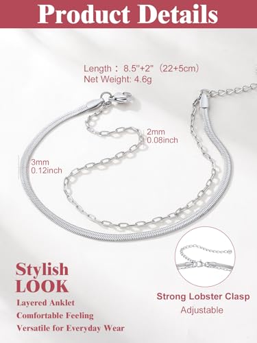 Image of FOCALOOK 14K Gold Plated Anklets for Women Waterproof Plus Size Ankle Bracelet 8.5-10.5 Inch Adjustable Mariner /Figaro /Flat Snake /Cuban Link Chain Anklet Jewelry for Summer Beach Holiday
