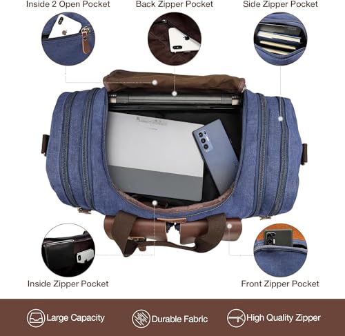 Image of Wildroad 60L Travel Duffel Bag, Expandable Canvas Genuine Leather Duffle Bag Upgraded Overnight Weekender Bag Carry on Bag