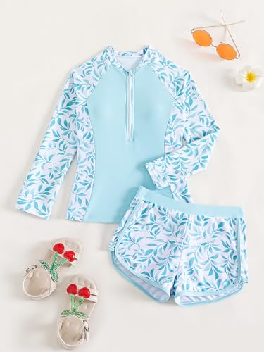 Image of SEGT Girl's Floral Long Sleeve Rash Guard with Bikini Bottom 2 Piece Swimsuit Set