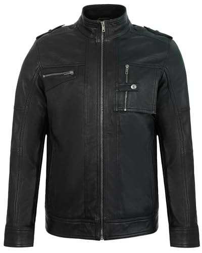 Image of Leather Jacket Men - Real Lambskin Motorcycle Jacket with Snap Tab Collar, Adjustable Waist & Zippered Pockets