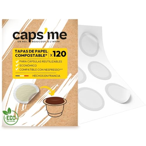 CAPS ME - 120 Tapas de Papel Compostable para Cápsulas Reutilizables de Acero Inoxidable Compatibles con Nespresso Original - Filtro de Extracción Óptima Ecológico, Fácil de Pegar