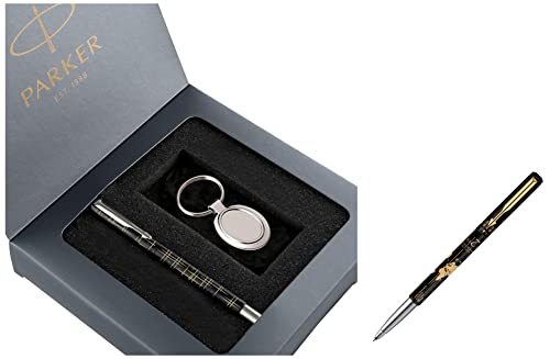 Image of Parker Vector Gift Set Spark Black Roller Ball Pen with Round Key Chain& Parker Moments Vector Timecheck Gold Trim Roller Ball Pen