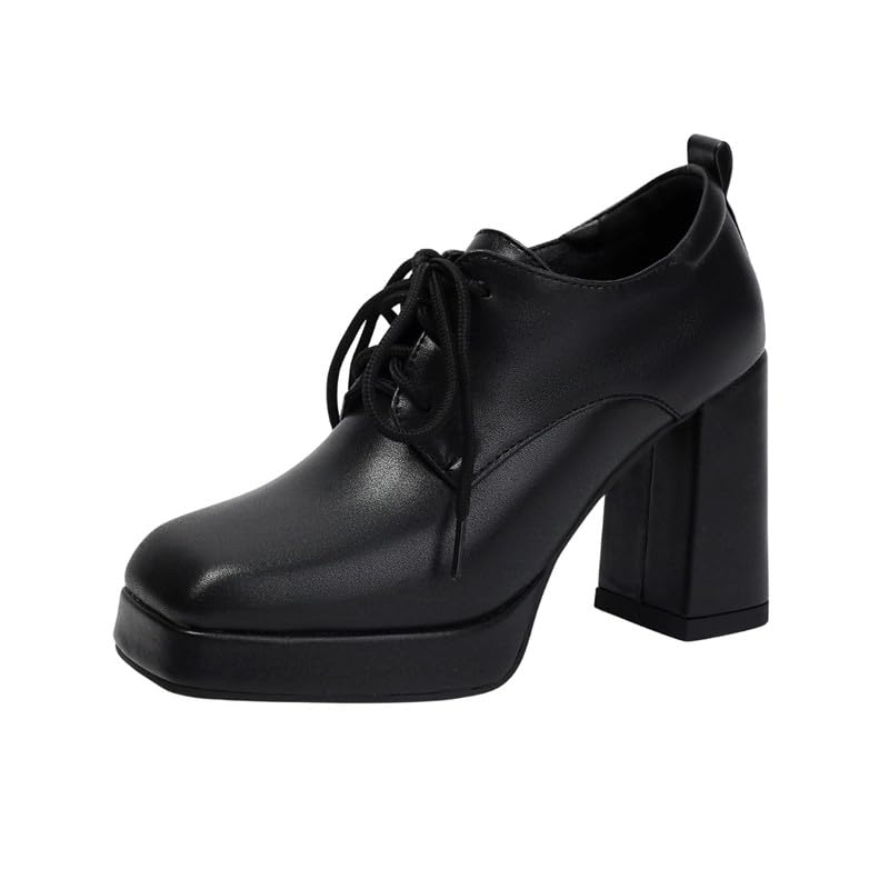yashidun Women’s Square Lace-Up Shoes with Thick Bottom Solid Color Footwear-picture-54