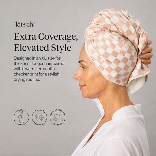 Kitsch XL Microfiber Hair Towel Wrap for Women - Terracotta Checkered - image 2