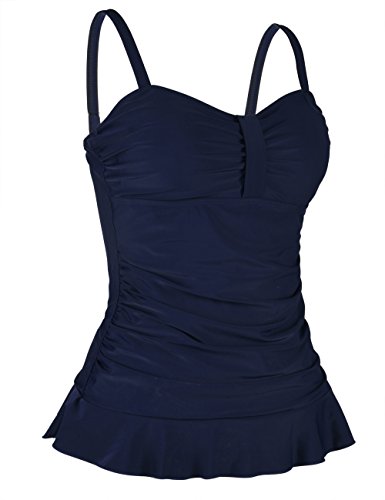Image of Hilor Women's 50's Retro Ruched Tankini Swimsuit Top with Ruffle Hem