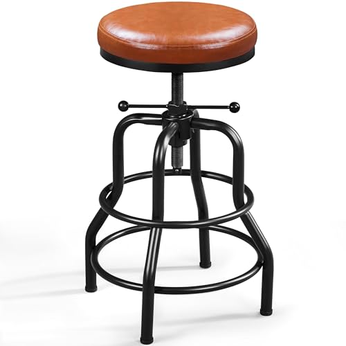 Yaheetech Tabouret de Bar Industriel en Similicuir Tabouret Haut Rond Réglable en Hauteur avec Deux Repose-Pieds Chaise de Cuisine avec Cadre en Métal pour...