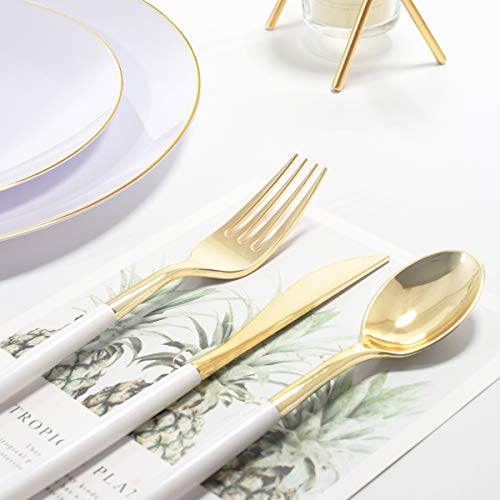 Dayammi 150Pcs Guests Gold Plastic Plates With Disposable Silverware, Gold Cutlery With White Handle, White&Gold Disposable Dinnerware For Parties Wedding #TOP1