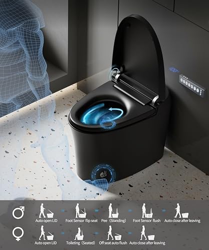 Image of CANEST Black Smart Toilet, Tankless Bidet Toilet with Heated Seat, Foot Sensor Operation, Auto Open & Close, Dual Auto Flush, Warm Water, LED Display, Night Light, Wireless Remote Control (TC-200BG)