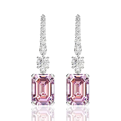Sterling Silver Diamond Earrings For Women, Classic Emerald Cut 8Ct/Pair Lab Simulated Pink Diamond Dangle Earrings White Gold Plated Jewelry Gifts For Her Birthday Mothers Day Christmas #TOP8