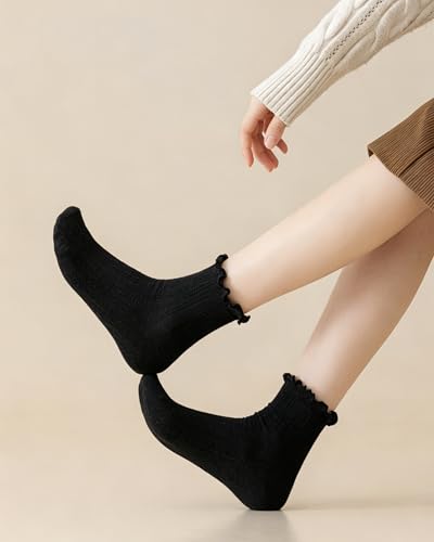 Image of Mcool Mary Womens Crew Socks Ruffle Casual Cotton Frilly Breathable Cute Knit Lettuce Trim Dress Ankle Socks 6 Pack