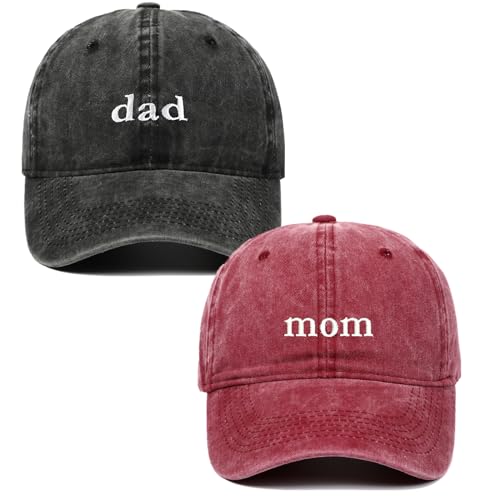 2PCS Dad and Mom Hats for Men Women, Funny Adjustable Cotton Embroidered New Parents Gifts Baseball (Cotton, Black dad+Burgundy mom)