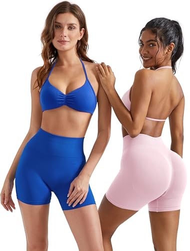 Image of OMKAGI Halter Sports Bras for Women Padded Strappy Bra Open Back Workout Gym Crop