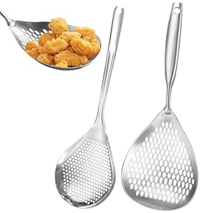 KAYCROWN Skimmer Slotted Spoon, 2 Pack Stainless Steel Pasta Spider Strainer Skimmer Ladle Spoon for Frying and Cooking, Frying Strainer Spoon, Kitchen Cooking Skimmer Colander
