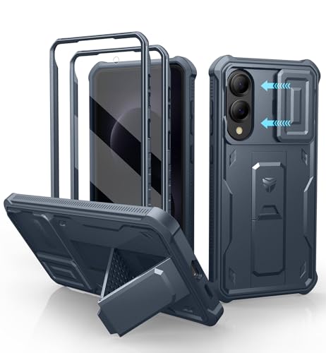 Image of Dexnor for Samsung Galaxy S25 Edge Case with Upgraded Slide Camera Cover & 2 Front Frames & Built-in Screen Protector & Kickstand, Heavy-Duty Rugged Case Full-Body Bumper Protective Cover,Navy Blue
