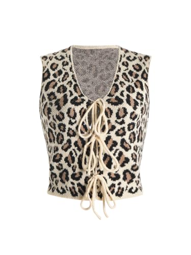 Verdusa Women's Sweater Vest Cropped Top Bow Tie Knot Sleeveless Leopard Print V Neck Fall Outfits