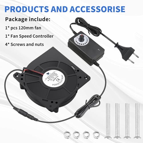 Image of 120mm DC Brushless Blower Fan with Speed Controller, Adjustable 3-12V Power Supply, 1300-3000 RPM, Dual Ball Bearing, Cooling Fan for Electronics Cabinet DIY