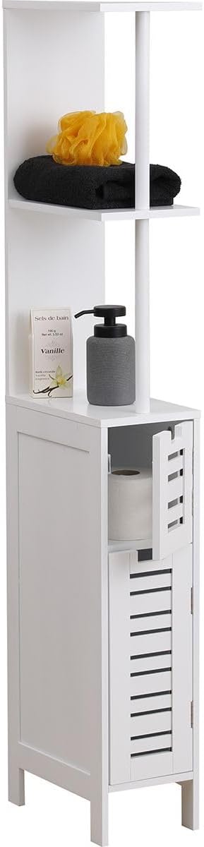 EVIDECO French Home Goods Slim Bathroom Storage Cabinet with Open Shelves and Two Doors, Freestanding Organizer for Compact Spaces, Ideal for Towels, Toiletries, White Finish – Miami Collection