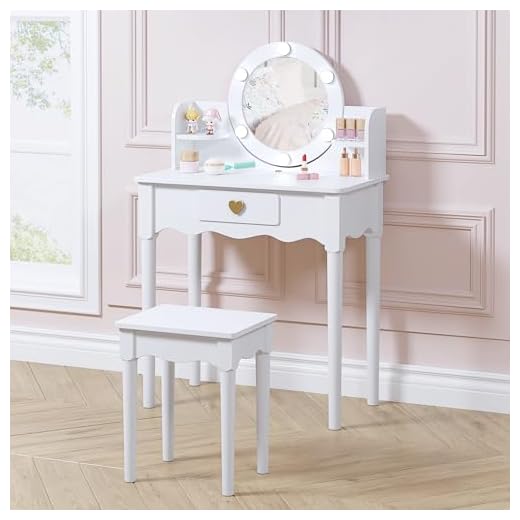 UTEX Kids Vanity, Girls Vanity Set with Mirror and Stool and Lights, Pretend Play Kids Vanity Table and Chair Set,Wooden Princess Makeup Desk Dressing Table, White