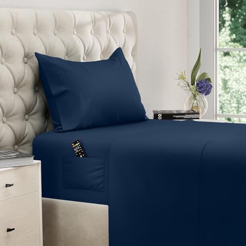 Image of DREAMCARE Twin XL Sheet Sets - 3 pcs Breathable Cooling Sheets - up to 15 inch Deep Pocket Twin XL Sheets Set with Side Pockets - Extra Soft 100% Brushed Hypoallergenic Hotel Luxury Bedding - Navy Blue