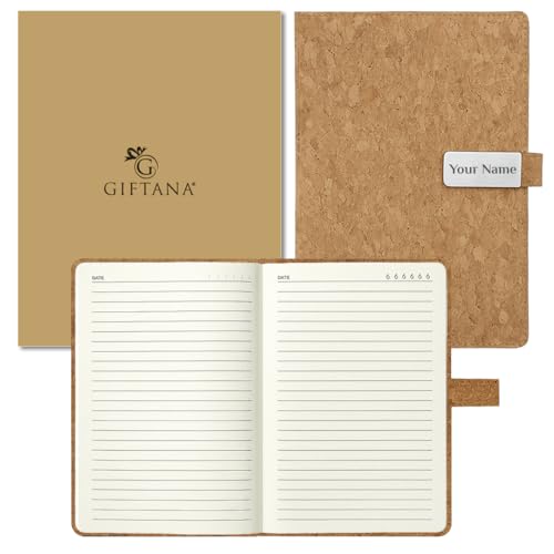 Image of Giftana Personalized Diary with Name, Customized Leather Diaries with Magnetic Overlap Lock,192 Pages, Personalised A5 Notebook Diary, New Year Corporate Gifts for Employee (Cork)