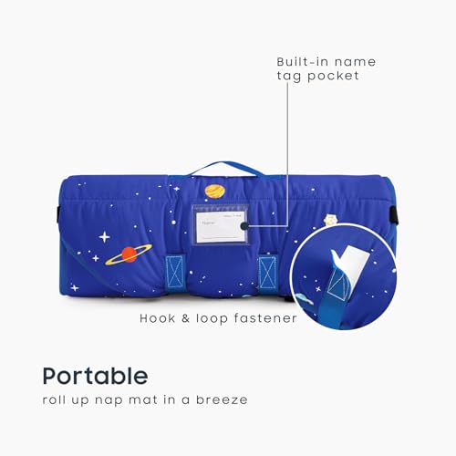 Image of Wake In Cloud - Cot Nap Mat with Pillow and Blanket, 100% Cotton Fabric, for Toddler Kids Boys Girls Ages 3 Plus in Daycare Kindergarten Preschool, Stars Space Rockets