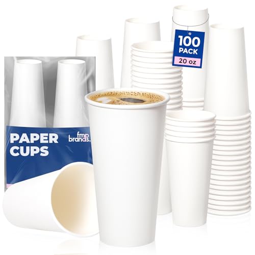 Fit Meal Prep 100 Pack 20 oz Disposable Paper Coffee Cups Premium Hot Cups for Hot/Cold Beverage Durable Thickened White Paper Cup Bulk for Party Office Bussines Cafes Bistros Daily Use