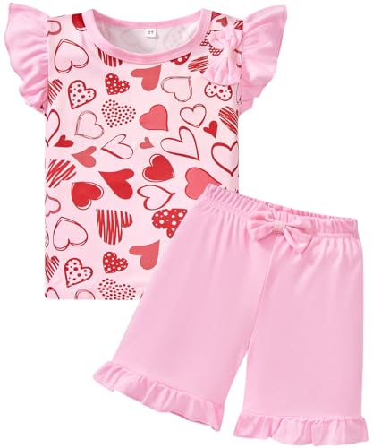 Image of Barlver Girls 2 Piece Short Set Baby Girl Summer Clothes Ruffle Sleeve T-Shirt and Bow Knot Shorts Toddler Girl Outfit Set