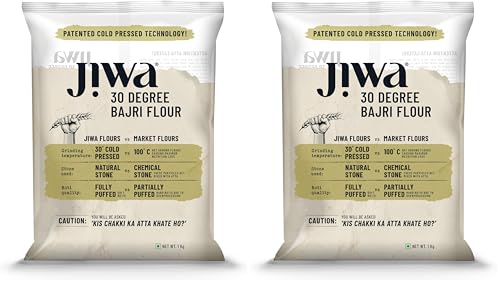 Image of Jiwa 30 Degree Bajri Flour /Atta | Patented Cold Pressed Flour | Slow Ground | Puffed Soft Rotis | Pearl Millet Flour | Gluten Free | 100% Bajra | 1 Kg (Pack of 2)