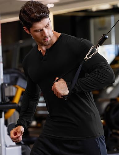 JMIERR Mens Muscle Slim Henley Shirt Button V-Neck Long Sleeve Gym Workout Athletic T Shirts2