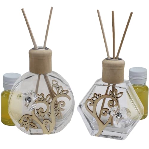 DLM-32602 (Kit 6 Pezzi) Profumatore in Vetro e Legno con Fiore in Cristallo per Battesimo Matrimonio cresima Comunione Diffusore Profumo bomboniera con scatole