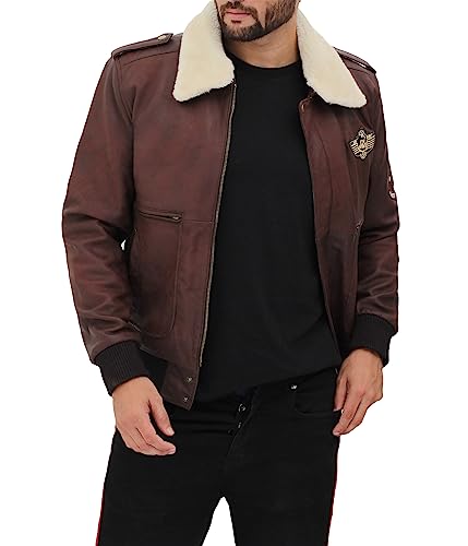 Image of Blingsoul Men's Shearling Jacket Brown Leather Swedish Bomber Jacket | [1108957] Pierson, 3XL