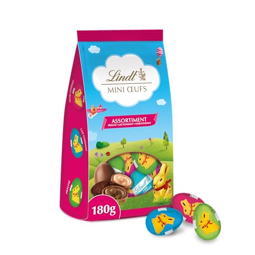 Lindt - Sachet MINI ŒUFS - Assortiment de Chocolats au Lait Fondant, Pralinés et Noirs- Idéal pour Pâques, 180gs