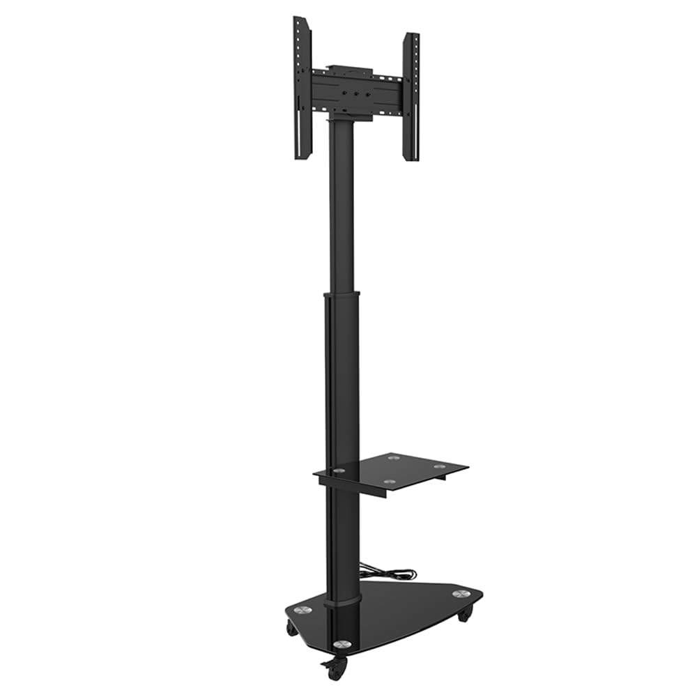 Proton Support TV Mobile sur roulettes avec étagère, Noir, Base en Verre, 209 cm