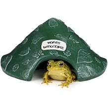 Toad House for Outside Garden, Resin Reptile Hide House, Green Reptile Hide Cave, Decorative Greenery & Welcome Sign, Aquarium Toad Turtle Hiding House, 8.1x7.3x5.1