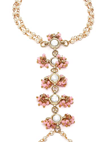 Image of Karatcart Gold Plated Baby Pink Pearl Chain Kundan Hathphool