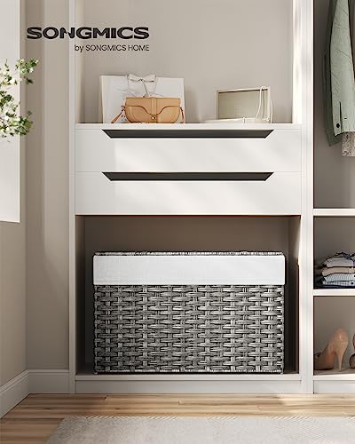 SONGMICS Storage Basket with Lid, Woven Blanket Storage Bin with Handles, Foldable, Removable Liner, Metal Frame, for Bedroom, Laundry Room, 27.7 Gallons (105 L), Gray URST066G01