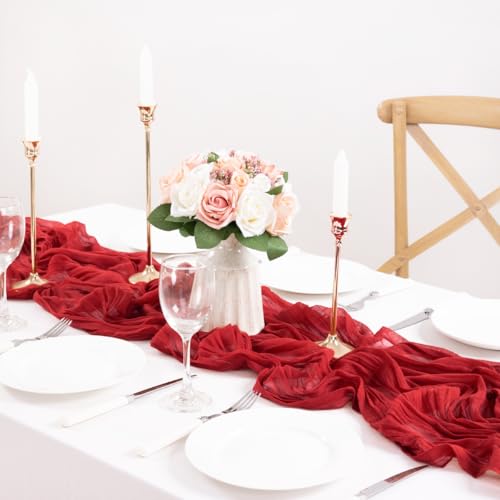 Image of MLMC 3 Pack Red Table Runner Boho Rustic Gauze Cheesecloth Table Runner Sheer Cheese Cloth Centerpiece Decor 35x120 Inches for Wedding Reception Annniversary Decor