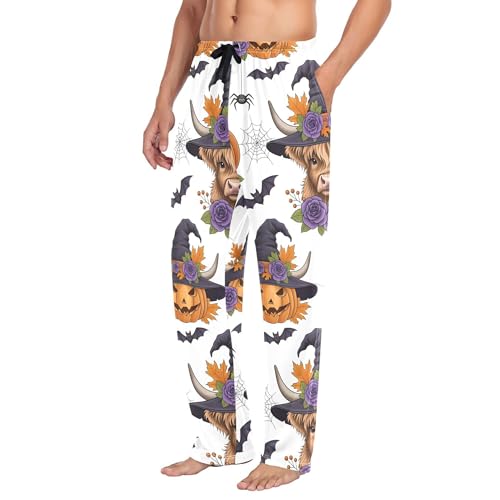 Men's Pajama Bottom Halloween Highland Cow Pumpkin Cotton Pajama Pants Drawstring Sleepwear Long Pants Pockets4