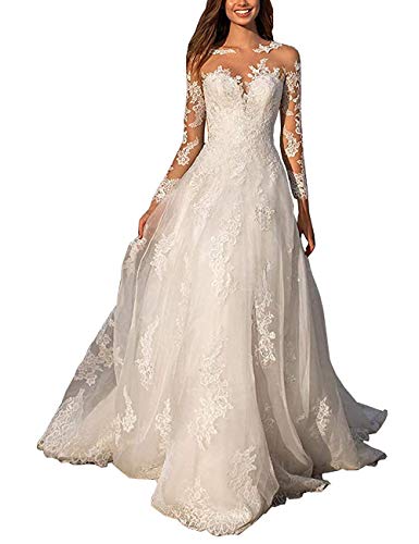 Robe de mariée A-line en dentelle blanche avec manches longues taille 52