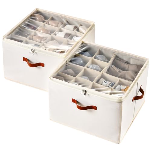 INSTY 2 Pack Shoe Organizer for Closet, Fits up to 32 Pairs, Adjustable Dividers for Shoe Storage, Fabric Shoe Storage Bins with Clear Cover, Beige