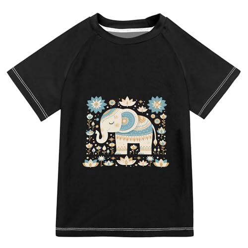 Wudan Cute Ethnic Elephant Flower Boy Bathing Suit Short Sleeves Girls Rashguard Swimwears Workout Shirts for Toddler Boy 11-12Y