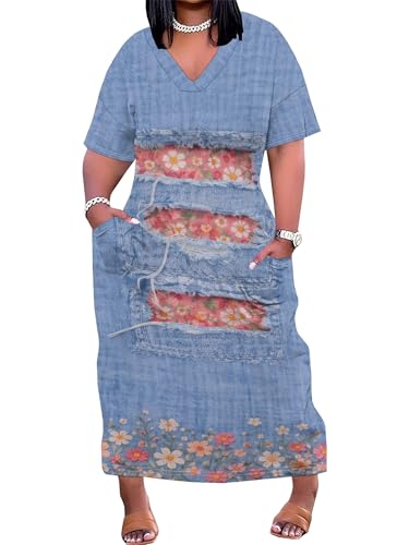 Image of SUZONANA Plus Size Denim Print Maxi Dresses for Women Casual V Neck Short Sleeve with Pockets Soft Jean Look Dress XL-6XL