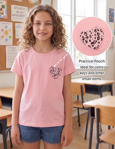Image of Noomelfish Girls Short Sleeve Heart Pocket T-Shirts Casual Cotton Tee Tops Blouse (5-12 Years)