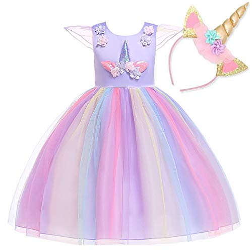 NNDOLL Fille Licorne Volants Fleurs Robe De Soirée Cosplay Robe De Mariage Princesse Lilas 140 6-7 Ans