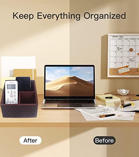 Image of Premsons Remote Holder - 3-Compartment Braided Vegan Leather Organizer | Leatherette Stationery & Remote Stand for Living Room, Office, Bedroom, Kitchen - Brown