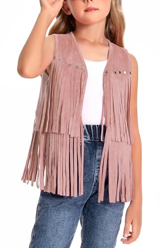 SEAUR Fransen Weste Mädchen Cowboy Hippie Fransenweste Nieten Kunstleder Western Weste 60er 70er Outfit Kinder 11-12 Jahre