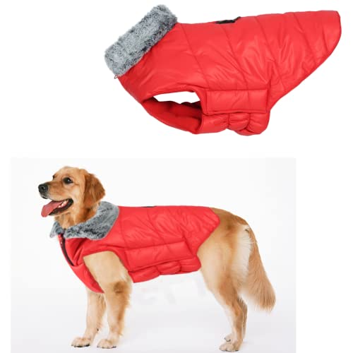 Image of Sage Square Quilted Fur Dog Winter Coat Jacket- Windproof, Waterproof, Pet Apparel, Insulated, Adjustable, Soft & Snug, Warm & Cozy Comfort for Indoor & Outdoor Use (Red) (Large - 24 inch)