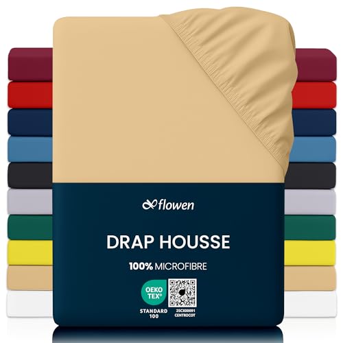 Flowen Drap Housse 140x190 cm en Microfibre Beige avec Coins Élastiqués pour Matelas de 30 cm Haut Tissu Anti-Acarien Hypoallergénique De Haute Qualité Doux et Durable Lavable en Machine