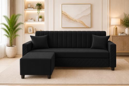 Image of L-Shaped 3 Seater Sectional Sofa with Ottoman | Modern Upholstered Couch | Vertical Channel Tufted Backrest | Diamond Quilted Arms & Base | Comfortable Living Room Furniture - Black