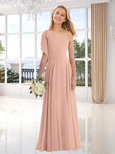 One Shoulder Junior Bridesmaid Dresses for Teen Girls Chiffon Flower Girl Dress Tie Strap Pageant Gown2
